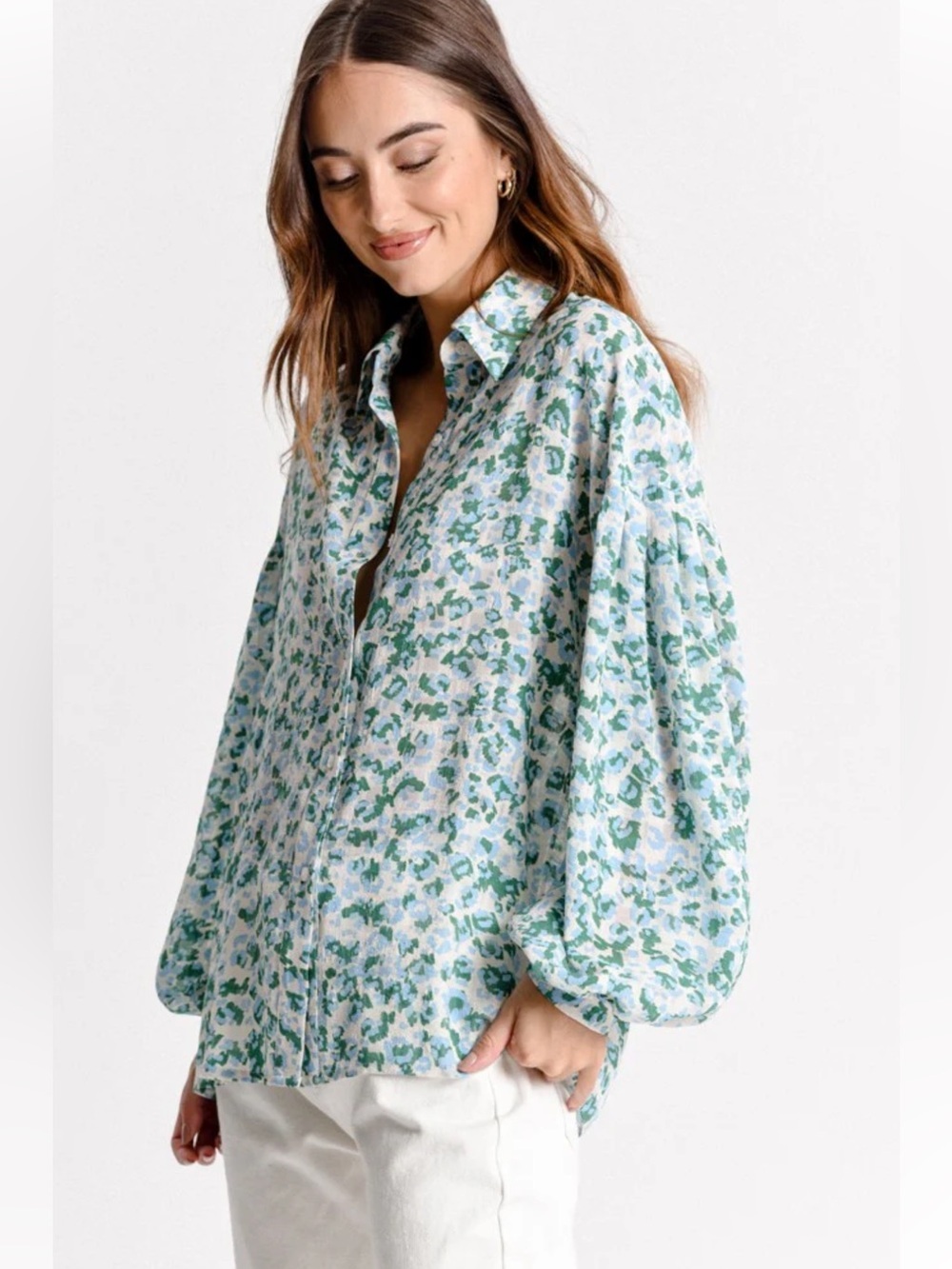 Molly Bracken Green & Blue Floral Print Button Down Balloon Sleeve Top Sz Large